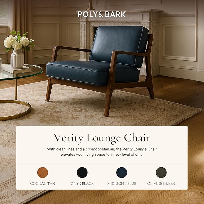 Poly &amp BARK Verity Leather Accent Chair – Armchair with Walnut Wood Frame – Fashion-Forward Lounge Seating for Living Room – Upholstered in Midnight Blue Leather for Modern Style