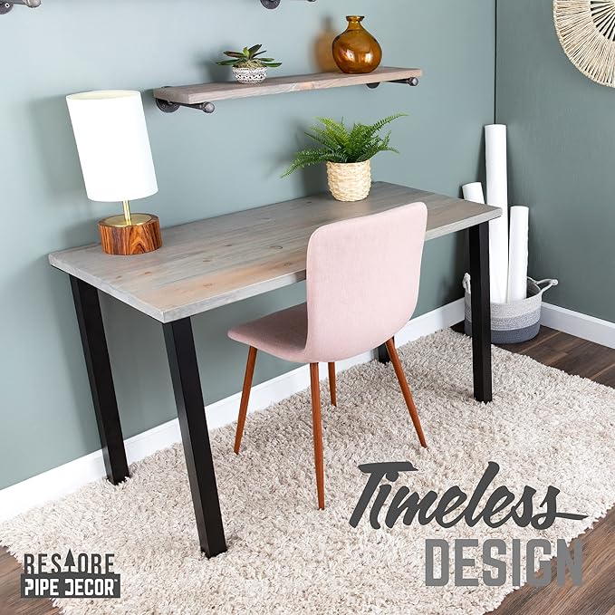 PIPE DECOR Riverstone Grey Solid Wood Rustic 48” Desk with (4) 28” Matte Black Metal Legs Industrial Desk for Home Office