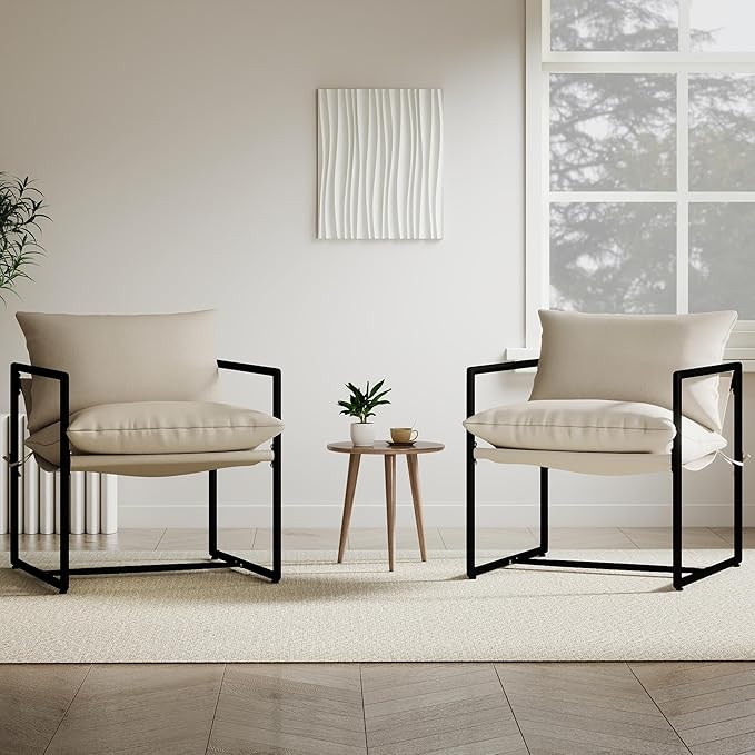 Modern Accent Chair with Arms Comfortable Living Room Seating Square Metal Frame Soft Upholstered Cushion Sponge Filling Easy to Assemble Set of 2 Beige