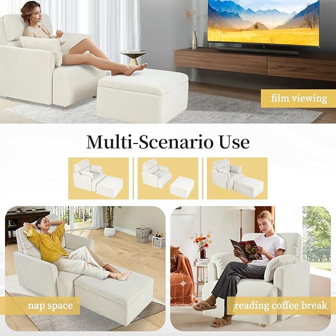 Modern Oversized Accent Chair with Storage Ottoman &amp Side Pillows Snowflake Fleece Upholstered Chaise Lounge Chair Deep Seat Reading Chair for Living Room 350lbs Capacity