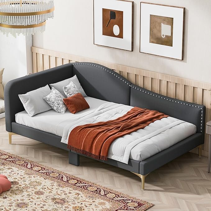 Upholstered Daybed with Headboard and Armrest Linen Fabric Sofa Bed with Sturdy Wood Frame and Support Slats Multi-Functional Bed for Bedroom Living Room and Office (Grey Twin)