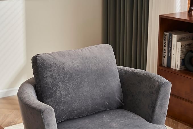 Velvet Swivel Barrel Chair Swivel Accent Chairs Armchair for Living Room Reading Chairs for Bedroom Comfy Round Barrel Chairs with Gold Stainless Steel Base (Grey)