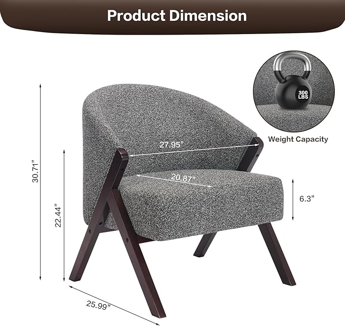TrailBlaze Comfortable Mid-Century Modern Accent Chair for Living Room – Upholstered Reading Armchair with Sturdy Wood Frame Linen Fabric Easy Assembly – Deep Walnut Foot | Linen | Gray