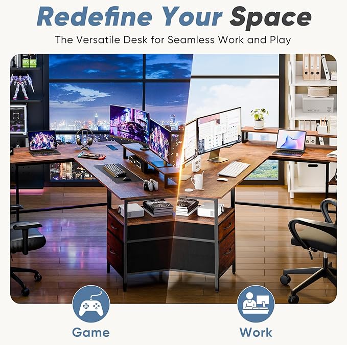 DUMOS 62 Inch L Shaped Gaming Desk with Charging Station &amp 2 Monitor Stands Computer Desk with Drawer &amp Adjustable Storage Shelves Large Corner Desk for Home Office Rust Brown