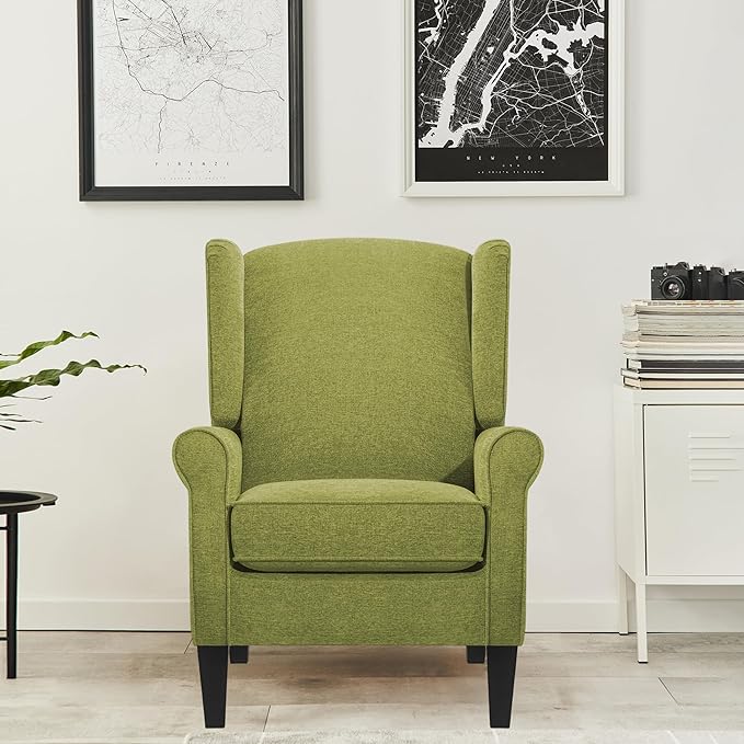 Accent Chair for Living Room High Back Reading Armchairs with Removable Seat Cushion Mid-Century Green Single Couch in Fabric Modern Ergonomic Wingback Chair for BedroomClub Balcony