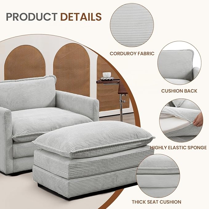 ROWHY Single Armchair with Ottoman Modern Corduroy Cloud Couch with Convertible Chaise Upholstered Sofa Set for Living Room Light Grey
