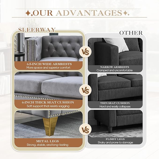 58 Chesterfield Sofa Comfy Velvet Button Tufted Mid Century Modern Couch Cloud Futon Small Loveseat Grey with Gold Legs and Nailhead Deep Seat Sofas for Living Room Office (Dark Grey 2 Seater)