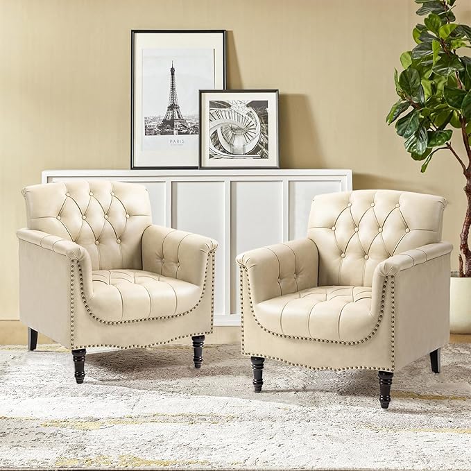 Pia Ricco Modern Tufted Accent Chair Single Faux Leather Armchair with Nailhead Trim &amp Wood Legs Comfortable Upholstered Seat for Living Room Office - Beige
