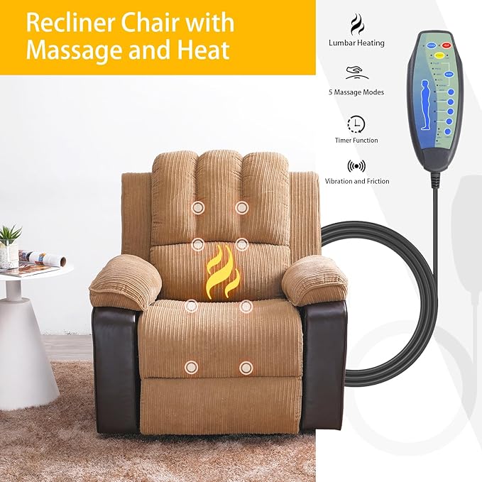 PU Power Recliner Sofa Ergonomic Lounge Chair Corduroy 8-Pointpower Recliner Heat Massage Electric Recliner Chairs with Side Pockets Brown Single Couch Comfy Chair for Bedroom Living Room