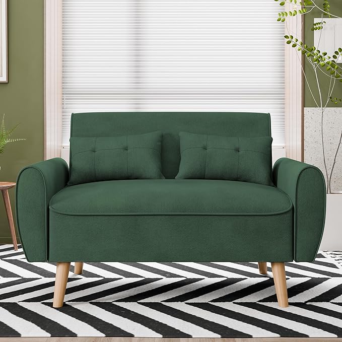 Vongrasig 47 Small Modern Loveseat Sofa Mid Century Linen Fabric 2-Seat Sofa Couch Tufted Love Seat with Back Cushions and Tapered Legs for Living Room Bedroom and Small Space (Green)