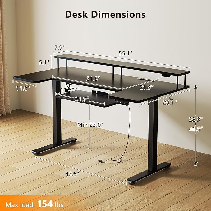 OffiGo U Shaped Electric Standing Desk with Keyboard Tray 55 Inch Height Adjustable Desk with Power Outlets &amp LED Lights Sit Stand Table with Monitor Stand for Home Office Black