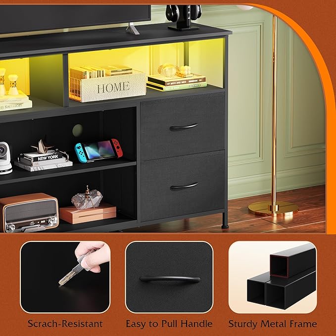 WLIVE TV Stand Dresser for 505560 inch TV Entertainment Center with LED Lights &amp Fabric Drawers Dresser TV Stand for Bedroom and Living Room with Open Shelves Black