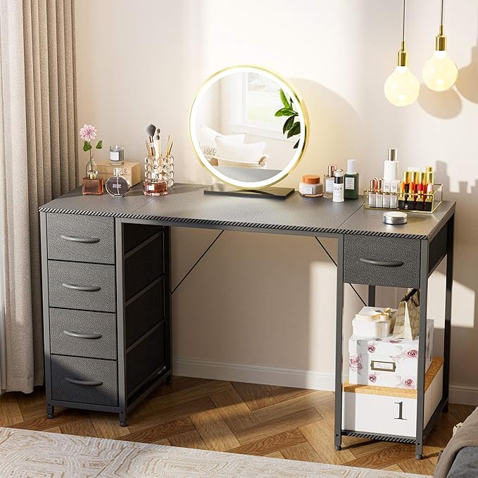 LUCKRACER Vanity Desk with 5 Fabric Drawers &amp Storage Shelves Makeup Dressing Table Computer Desks for Home Office Bedroom Black No Mirror