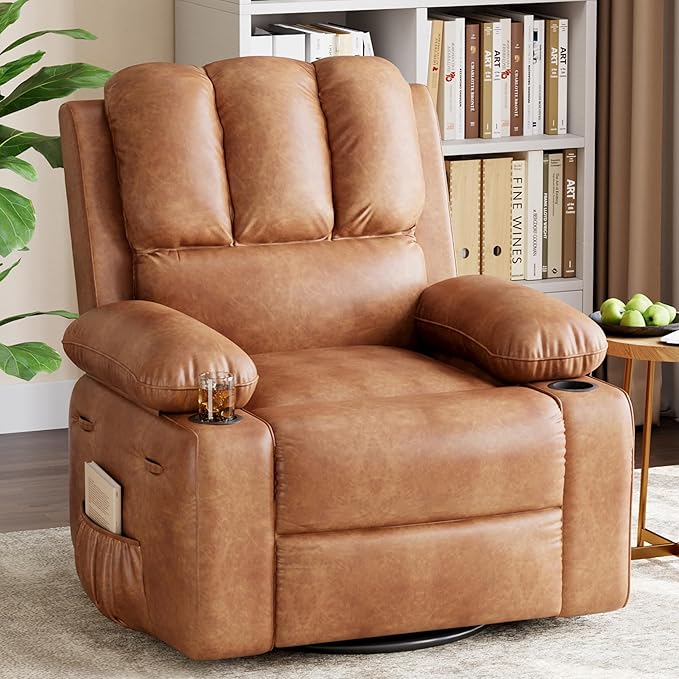 Oversized Recliner Chairs with Massage and Heat Leather Recliner Chair for Adults Rocker Recliner with Cup Holder for Living Room Bedroom and Nursery Light Brown