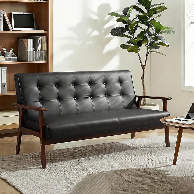 JIASTING Mid-Century Modern Solid Loveseat Sofa Upholstered Faux Leather Couch 2-Seat Wood Armchair Living Room/Outdoor Lounge Chair Waiting Room Sofa 50”W