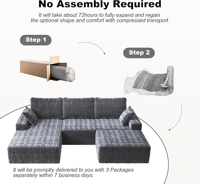 Modular Sectional Sofa 3-Seat L-Shaped Cloud Couch with Memory Foam Oversized Chaise for Living Room Breathable Fabric &amp Removable Cover