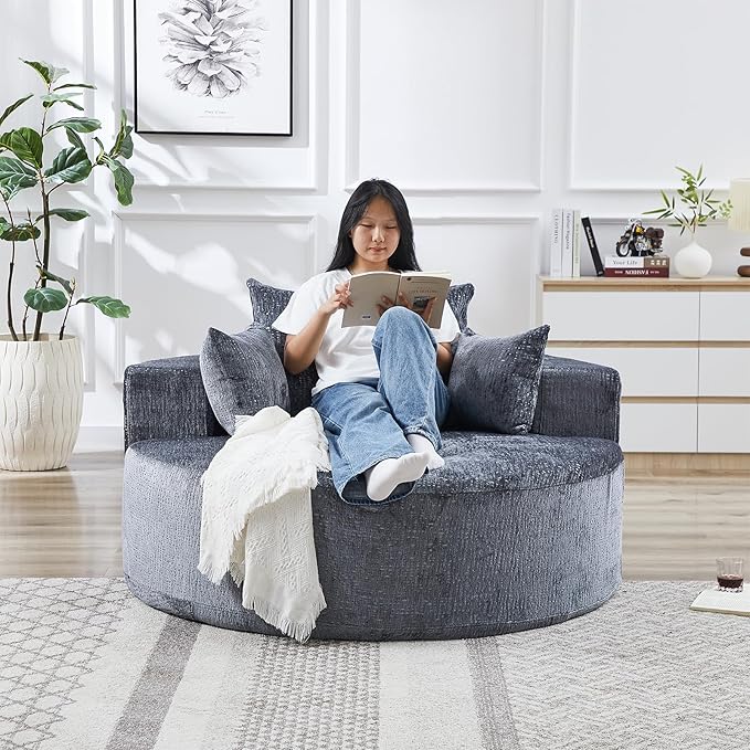 Oversized Round Chaise Lounge Chair Indoor 55W Circle Comfy Armchair with Deep Seat Floor Cloud Boneless Chair Upholstered Modern Cozy Sofa Chairs for Living Room Bedroom(Chenille Grey)