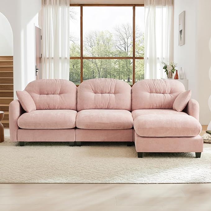 107 Oversized Modular Sectional Sofa Pink Large Sectional Couches for Living Room Chenille Fluffy Sofa Set Cloud 3 Seater Comfy Modular Couches with 1 Ottoman Modern Sofas para Sala L Shaped