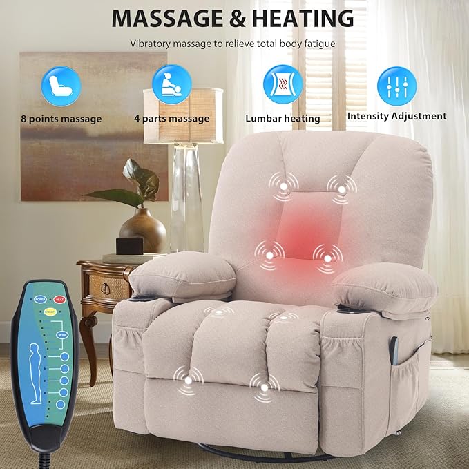 Rocker Recliner Chair with Massage and Heat Oversized Rocking Nursery Recliners Chair Overstuffed Swivel Glider with Cup Holder Fabric Manual Single Sofa for Living Room Beige