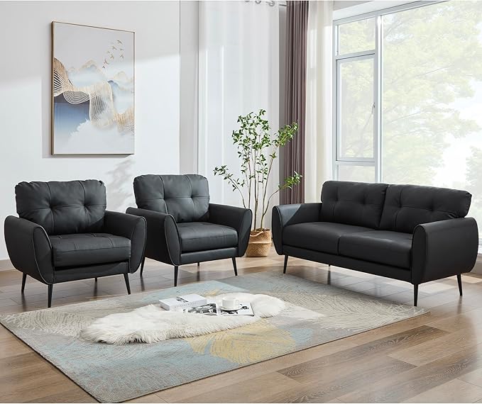 TYBOATLE Sofa Couch 61 Small Loveseat Couches for Living Room Leather Couch Mid Century Modern Tufted Mini Sofa Comfy Office 2 Seat Settee Love Seat for Small Spaces Bedroom (3 Black)