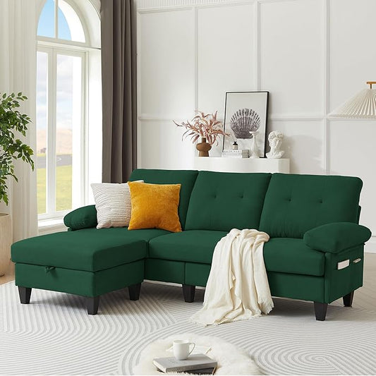 85 Convertible Sectional Sofa with Storage L Shaped 3 seat Couch with Reversible Chaise Polyster Fibre Sofa for Living RoomApartment and Small Space Green