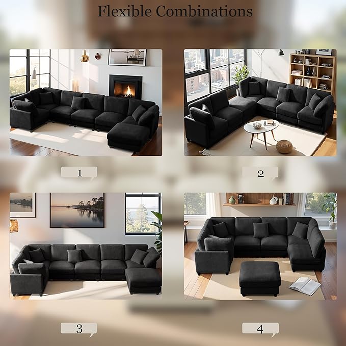 117 Modular Sectional Sofa with Movable ChaiseModern Chenille Cloud Sectional Couch with Deep SeatU Shaped Compressed Boneless Sofa for Living RoomNo Assembly Required (Black)