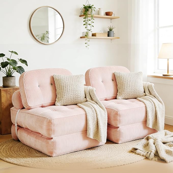 Folding Sofa Bed Flannel Futon Couch Bed with Pillow and Blanket Convertible Sleeper Chair for Living Room Bedroom (Two Pink)