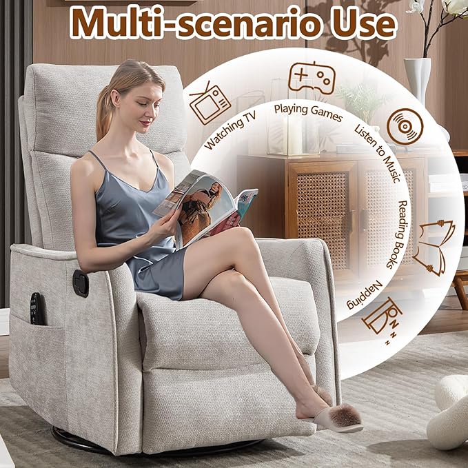 Massage Recliner Chair with Heat Slim Recliners for for Adults Swivel Rocking Chair Recliner with High Back Small Recliner Chair for Small Spaces Living Room Adjustable Footrest (Light Grey)