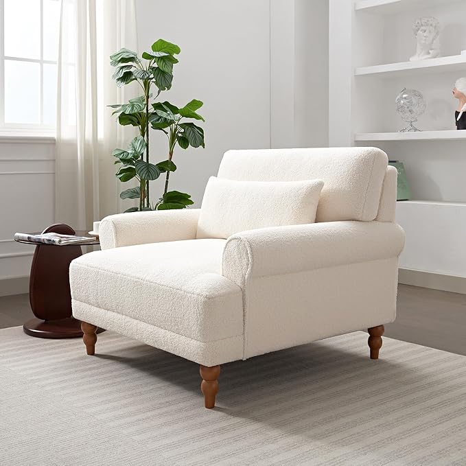 JOSHEN 40 Mid-Century Modern Boucle Accent ArmchairBoucle Upholstered Chair with a Waist Pillow for Living RoomBedroomStudyBeige