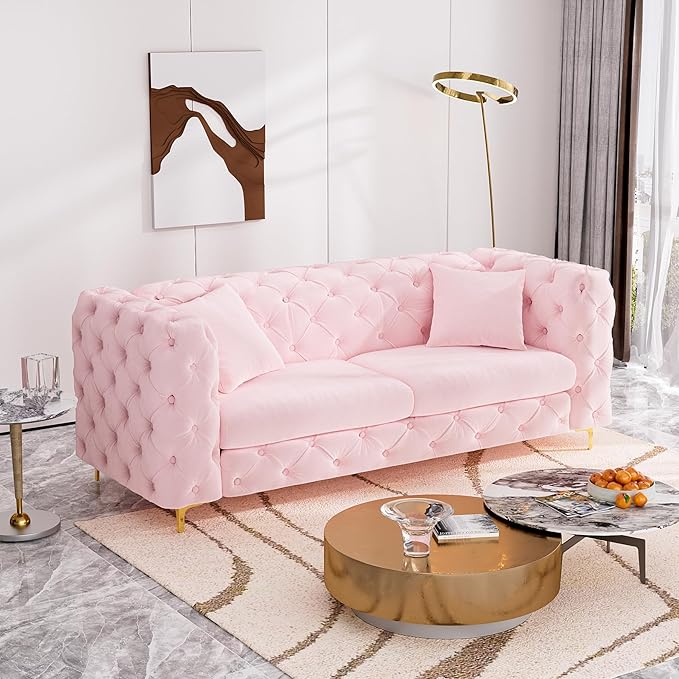 75 Sofa Couch Mid Century Modern Velvet Couch Tufted Button Sofa High Armrest &amp Metal Gold Legs Luxury Chesterfield Decor with 2 Piilows Comfy Loveseat for Living Room Pink
