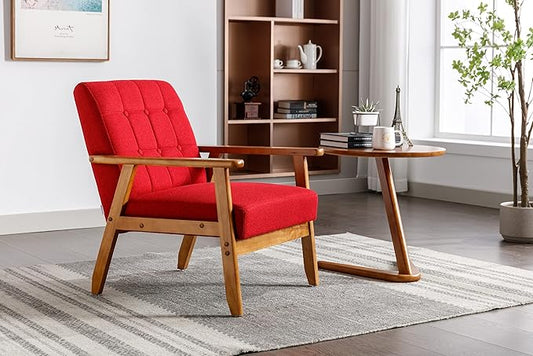 Generic Leisure Chair with Solid Wood Armrest and Feet Mid Century Modern Accent Chair for Living Room Bedroom Studio Chair Red