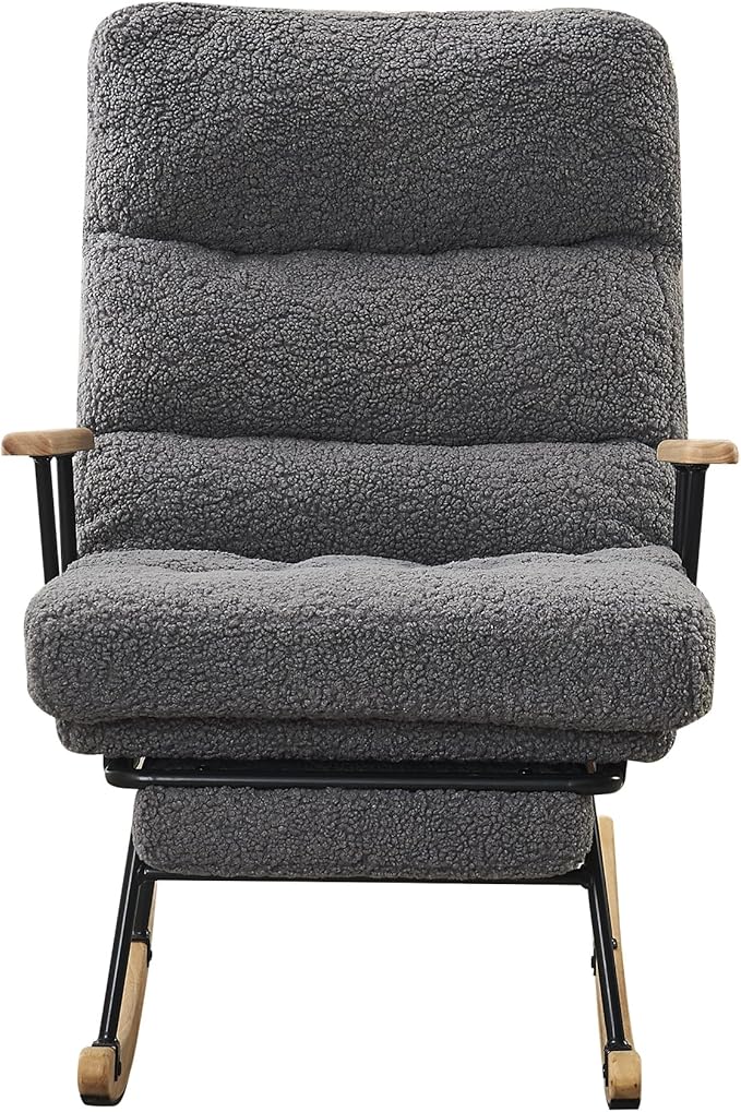 Modern Rocking Chair Teddy Gliding Rocking Chair with High Back Retractable Footrest Adjustable Back Angle for Nursery Living RoomBedroom