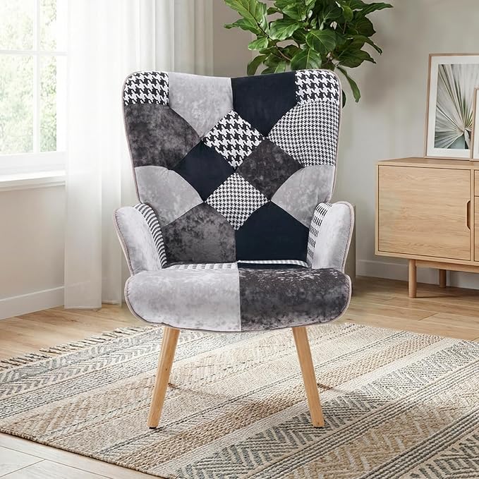Joysoul Living Room Accent Chair Modern High Back Arm Chair Houndstooth Pattern Bohemian Style Chairs for Bedroom Waiting Room