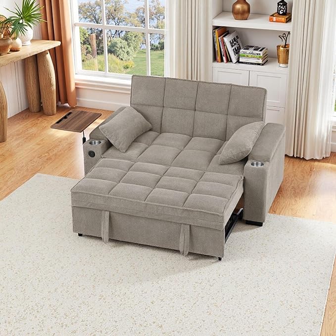 65'' Convertible Sleeper Sofa BedExtra Thick Cushion Polka dot Velvet Pull Out Futon Couch with Storage handrails &amp Rotating Side TablesConvertible Sofa Couch for Living RoomRV (07S-Khaki)