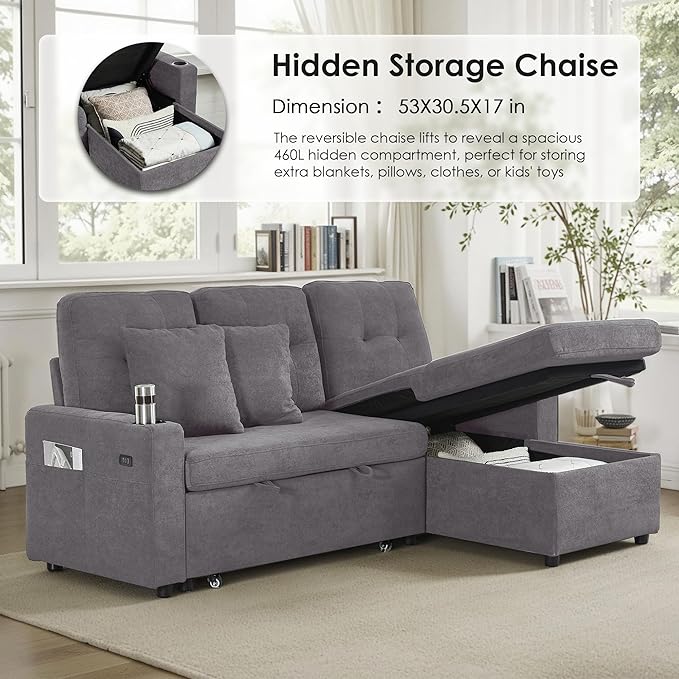 Reversible Sectional Sofa Couch Sleeper Sofa Bed with Storage Chaise Pull Out Couch for Living Room | USB Charge | Cup Holder | Removable Backrest |Teddy Fabric (LightGrey)