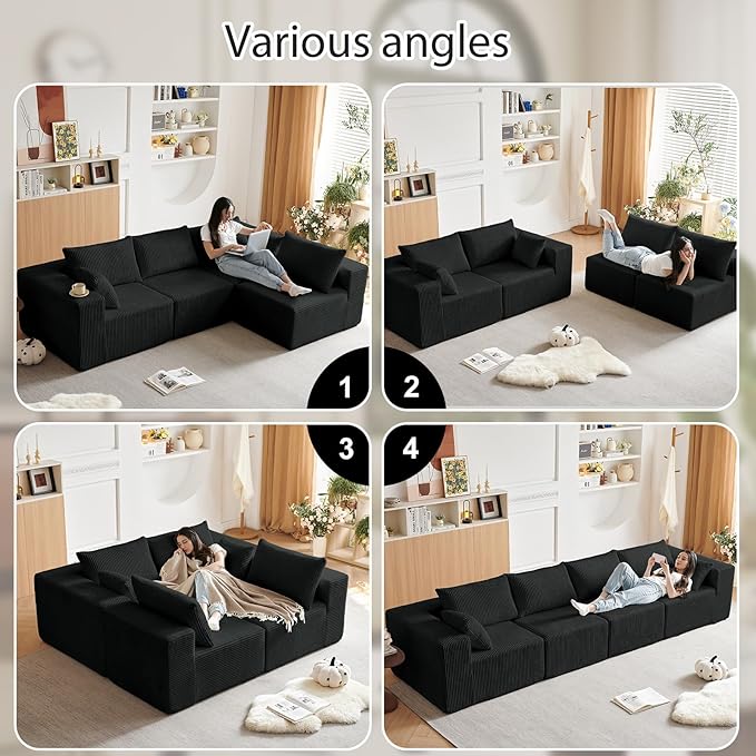 104'' Cloud Modular Sectional Sofa Corduroy L-Shaped Minimalist Couch with Deep Seat Modern 4-Seater Free Combination Sofa for Living Room – No Assembly Required (Black)