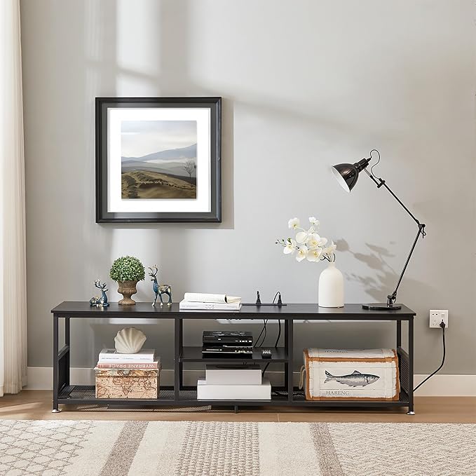 VECELO TV Stand with Power Outlets for Televisions up to 75Inch 62 Media Entertainment Center with Charging Station 3-Tier Open Storage Shelves with Metal Frame for Living Room/BedroomBlack