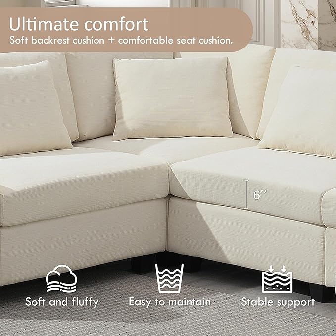 128*67 U Shaped Sectional Sofa 6 Seat Chenille Couch Set with Oversized Ottoman Hidden Armrest Storage and Cup Holders USB Charging Ports Wide Seat Sofa for Living Room Apartment Off White