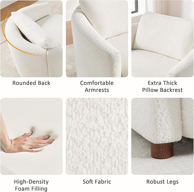 Boucle Accent Barrel Chair Set of 2 Cloud Reading Chair for Living Room &amp Bedroom Furry Sherpa Armchair with Cozy Soft Throw Pillow Back Comfy Upholstered Lounge Chair Modern Single Sofa Chair