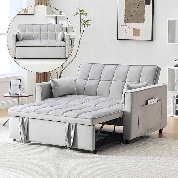 Velvet 3-in-1 Convertible Sofa Bed - USB Charging Port Adjustable Backrest Loveseat Sleeper for Small Space Apartment Versatile Futon Pull Out Couch for Living RoomGray