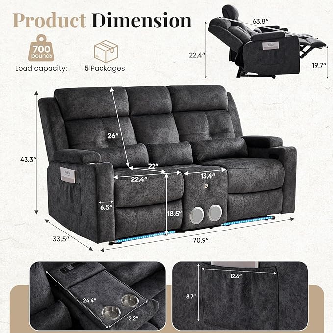 Power Reclining Loveseat Sofa with Bluetooth Function One-Touch Home Theater Seating Couch with LED Light/Console/StorageRV Wall Hugger Double Recliner for Living Room&ampHome Theater(Velvet Gray)