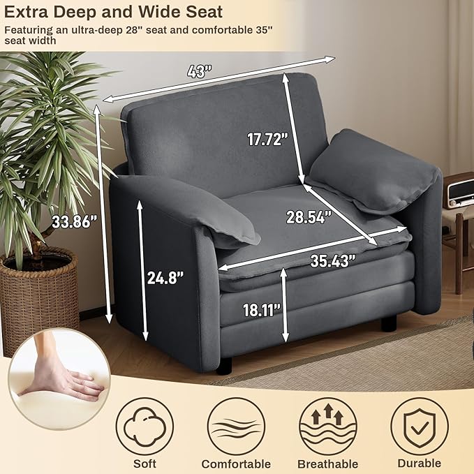 43 Oversized Chenille Single Sofa Chair Deep Seat Chaise Lounge Chair Upholstered Armchair Modern Accent Chairs for Living Room Bedroom Office Apartment Grey