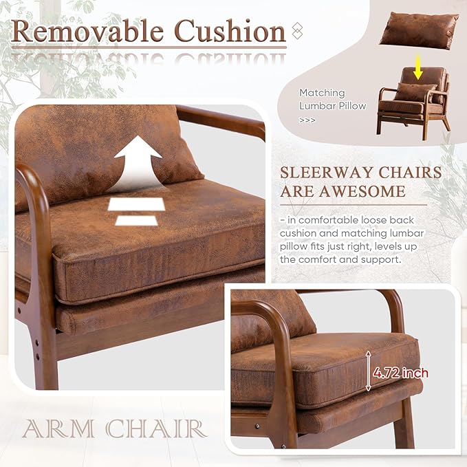 Accent Chair - Mid-Century Modern Chairs Living Room Furniture Set Bedroom Reading Solid Wood Arm Chair w/Lumber Pillow Comfy Cushion Ergonomic Lounge Armchair Office Side Chair (Coffee Set of 1)