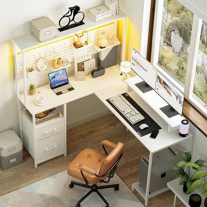 Yoobure L Shaped Gaming Desk with Pegboard Reversible Computer Desk with Drawers &amp Storage Shelves LED Lights &amp Power Outlets Office Desk with Monitor Stand Corner Desk Home Office Desks