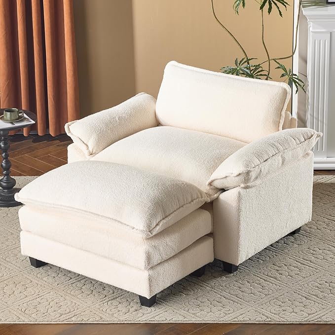 VINGLI Oversized Sofa Chair and a Half with Deep Seat &amp Movable 2-Layer Ottoman Set Comfy Cloud Sofa Bed with Chaise 1-Seater Modular Sectional Sleeper Couch for Living Room Teddy-Fleece Beige