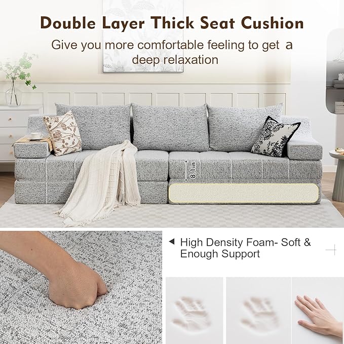 MEISSALIVVE 110.6 Convertible Sleeper Sofa Chair Folding Corduroy Armchair Adjustable Floor Sofa Bed with Removable Pillow No-Assembly Required Living Room Bedroom Apartment (Grey