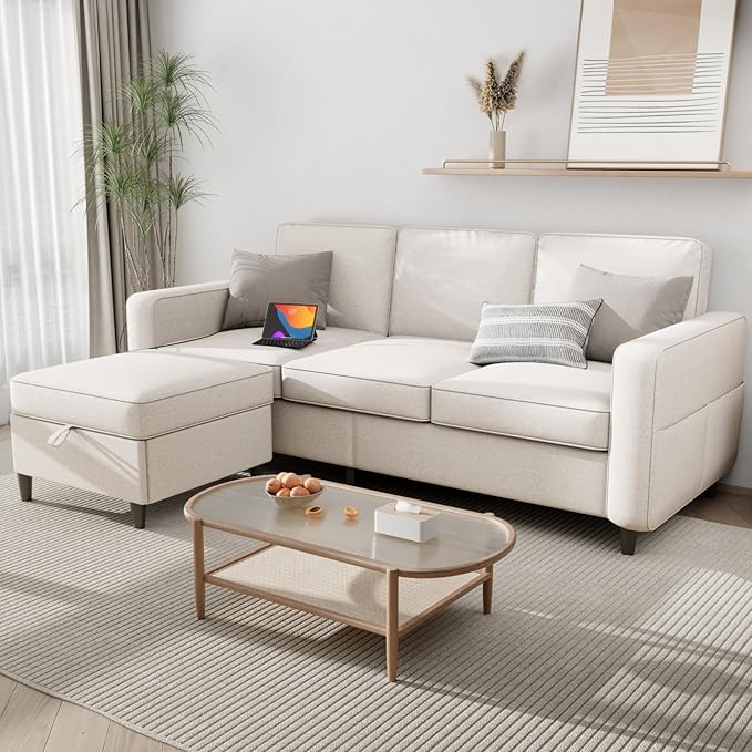 Sectional Couches for Living Room - Deep Seater Couch Living Room-Comfy L Shape Modular Sofawith Storage Chaise-Washable Covers-Suitable for Living RoomsApartmentsRooms and Offices-BeigeUSB