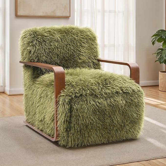 Comfortable Faux Fur Reading ChairModern Luxury Accent Chair Side Chairs with Curved Wooden Armrests for ApartmentLiving RoomOfficeStudyGreen