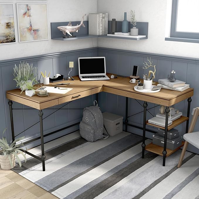 24/7 Shop at Home Monier Farmhouse Metal 2 Shelves Corner Computer Desk with USB Port Power Outlet 1 Drawer for Workstation Home Office Study Room Oak Brown