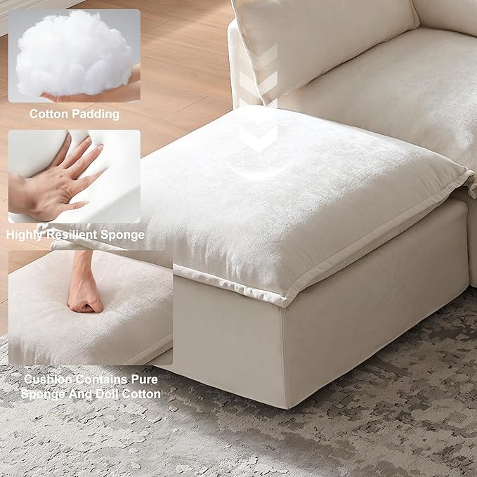 93.31 Inch L-Shaped Couch Sofa with Movable Ottoman Modular Sectional Sofa with 4 Seats and Pillows for Living Room Modern Chenille Fabric Large Comfy Cloud Couch DIY Combination (Beige-93inch)